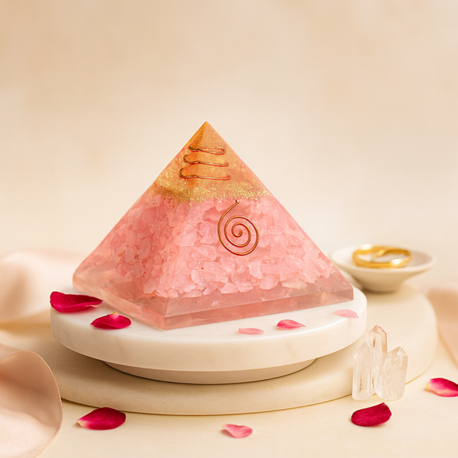 Love Attraction Crystal Pyramid – Rose Quartz chips, copper & resin, for Love & Harmony