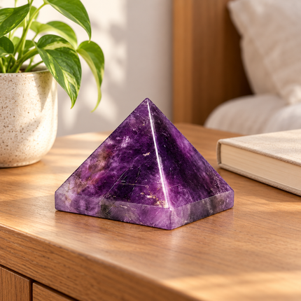 100% Pure Amethyst Crystal Pyramid — stable bedside placement example