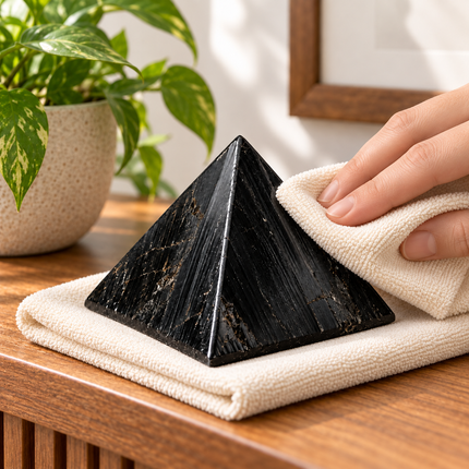 100% Pure Black Tourmaline Crystal Pyramid — gently dust with a soft dry cloth