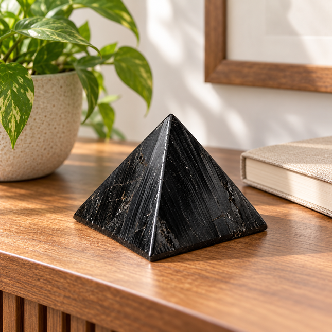 100% Pure Black Tourmaline Crystal Pyramid — stable desk or shelf placement