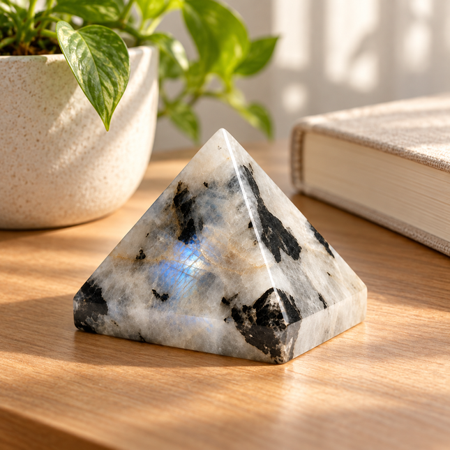 100% Pure Rainbow Moonstone Crystal Pyramid — stable bedside or shelf placement