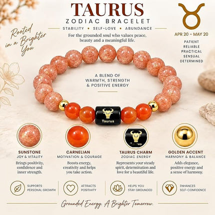 Taurus Zodiac Sunstone & Carnelian Band – front view with crystals