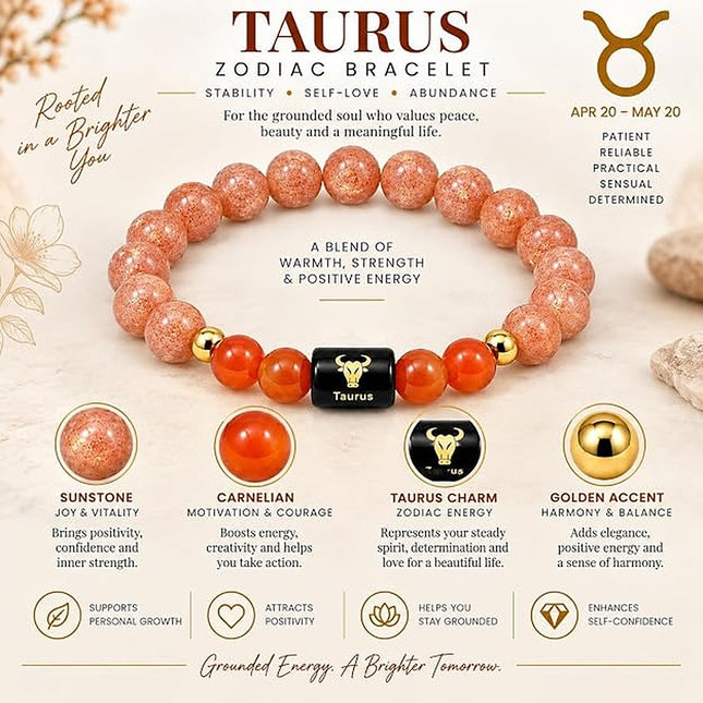 Taurus Zodiac Sunstone & Carnelian Band – front view with crystals